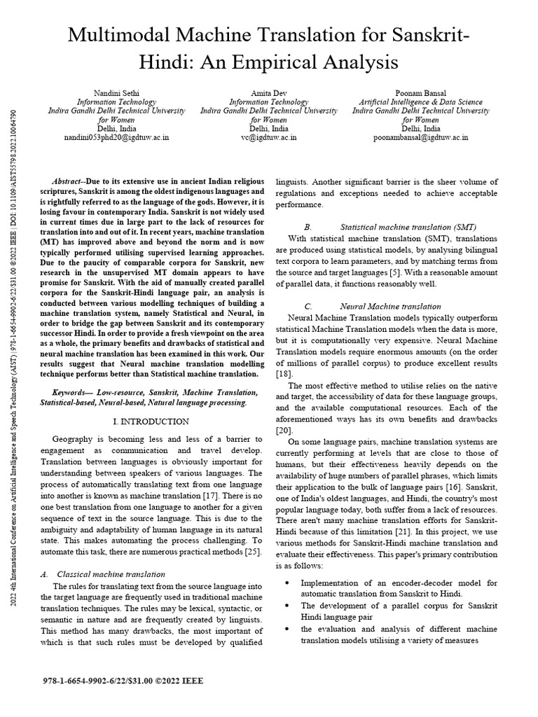 Multimodal Machine Translation For Sanskrit-Hindi An Empirical Analysis ...