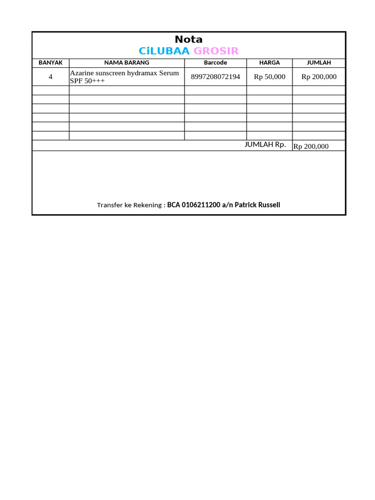Nota Pembelian CiLUBAA GROSIR | PDF