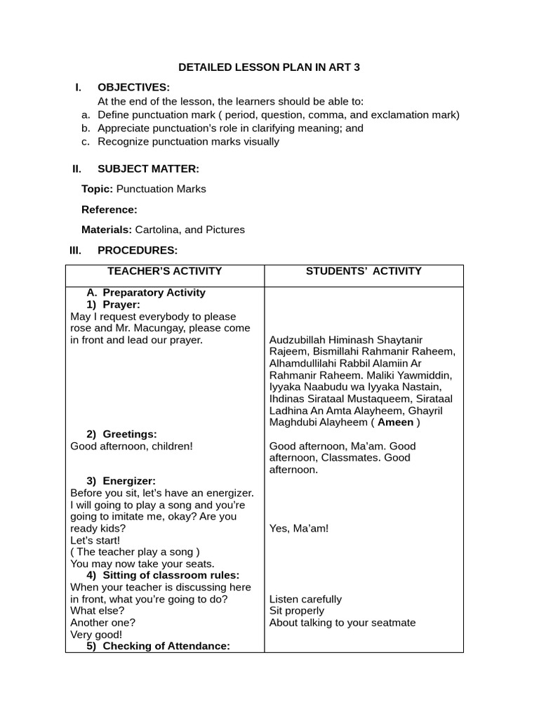 Art Lesson Plan on Punctuation Marks | PDF | Punctuation | Comma