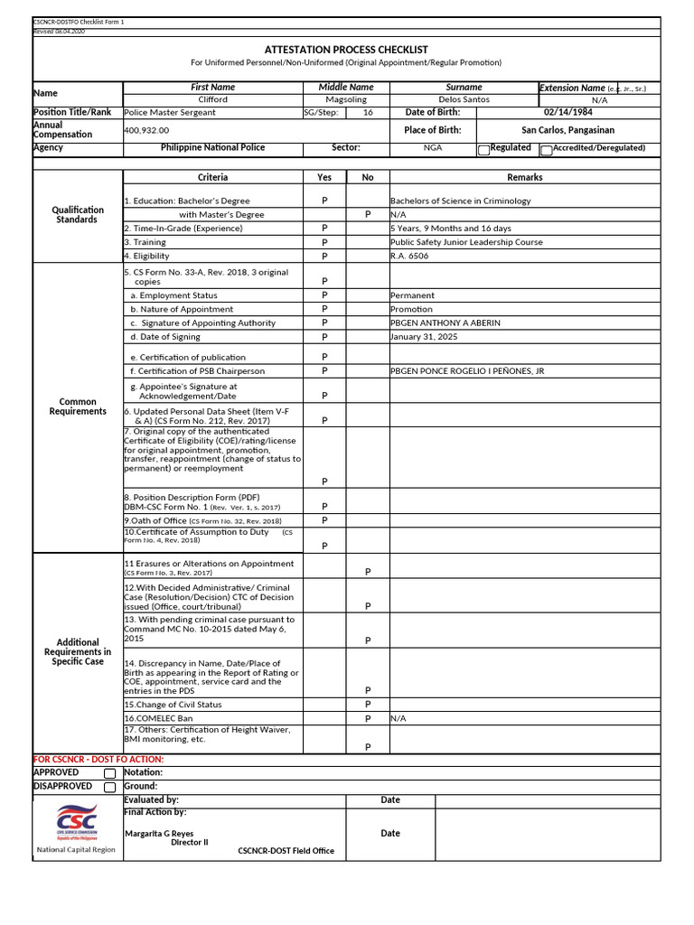 PNP Promotion Attestation Checklist | PDF