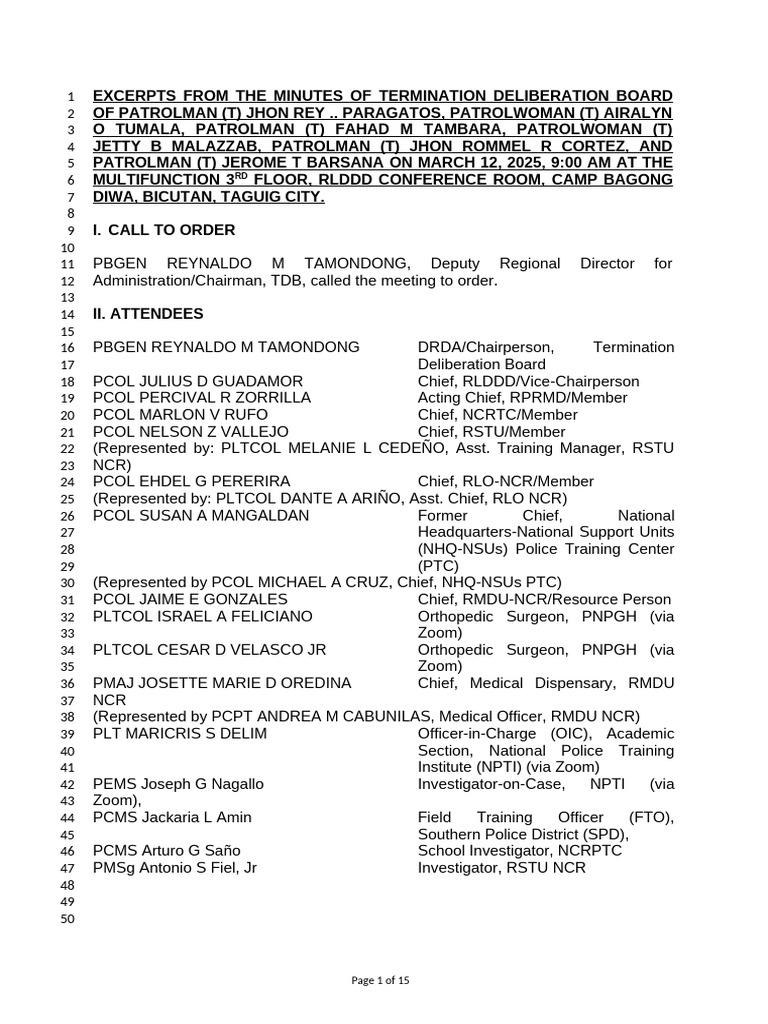 PNP Termination Deliberation Minutes | PDF | Physical Examination ...