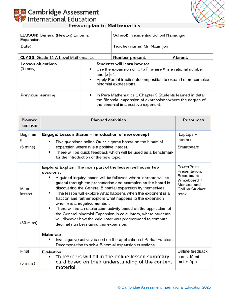 Grade 11 Binomial Expansion Lesson Plan | PDF | Mathematics | Numbers