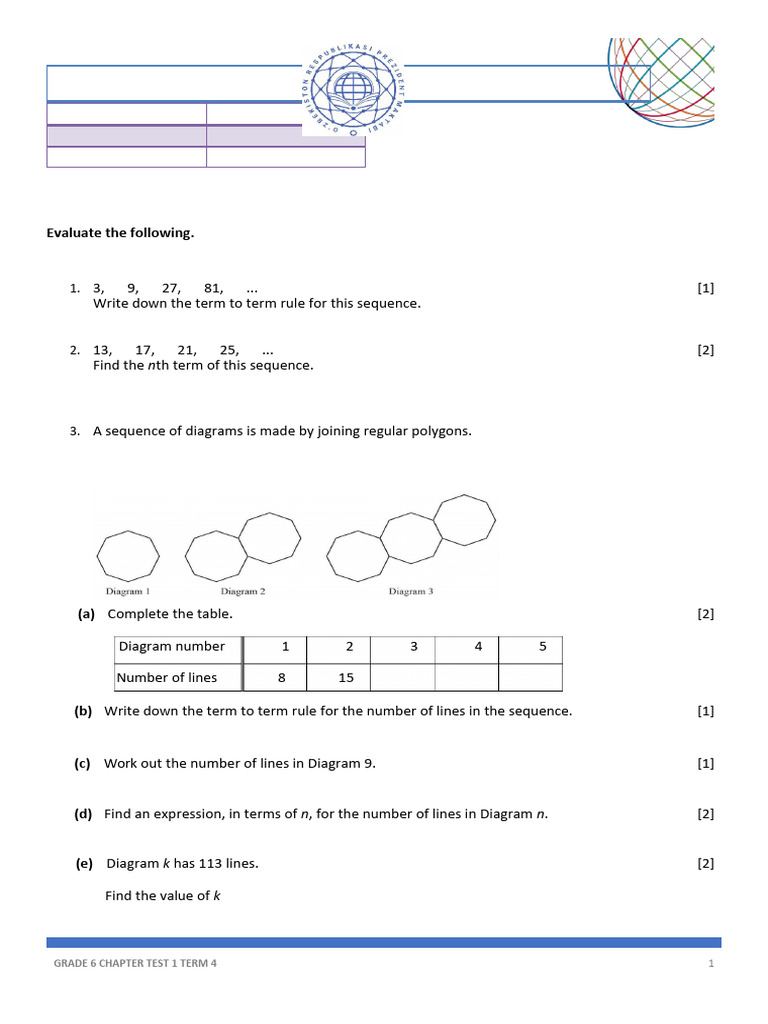 Grade 6 Term 4 Chapter Test Guide | PDF | Function (Mathematics) | Sequence