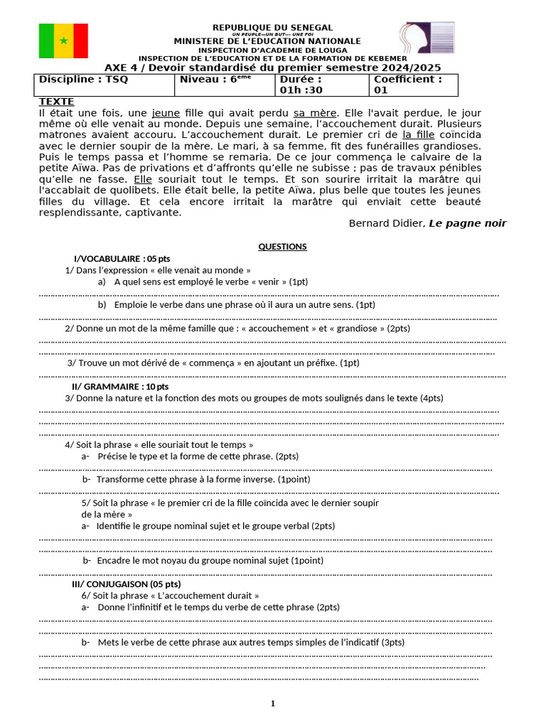 Devoir TSQ 6ème Semestre 2024/2025 | PDF | Phrase | Sujet (Grammaire)
