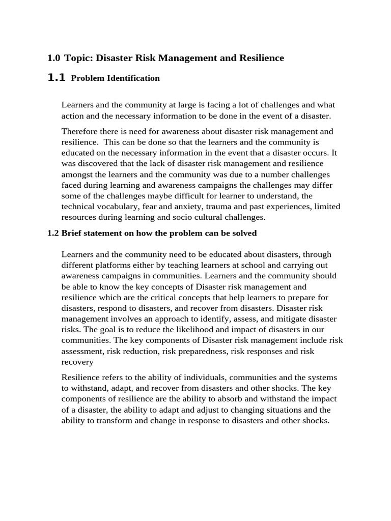 Project Topic Disaster Risk Management and Resilienc | PDF | Disaster ...