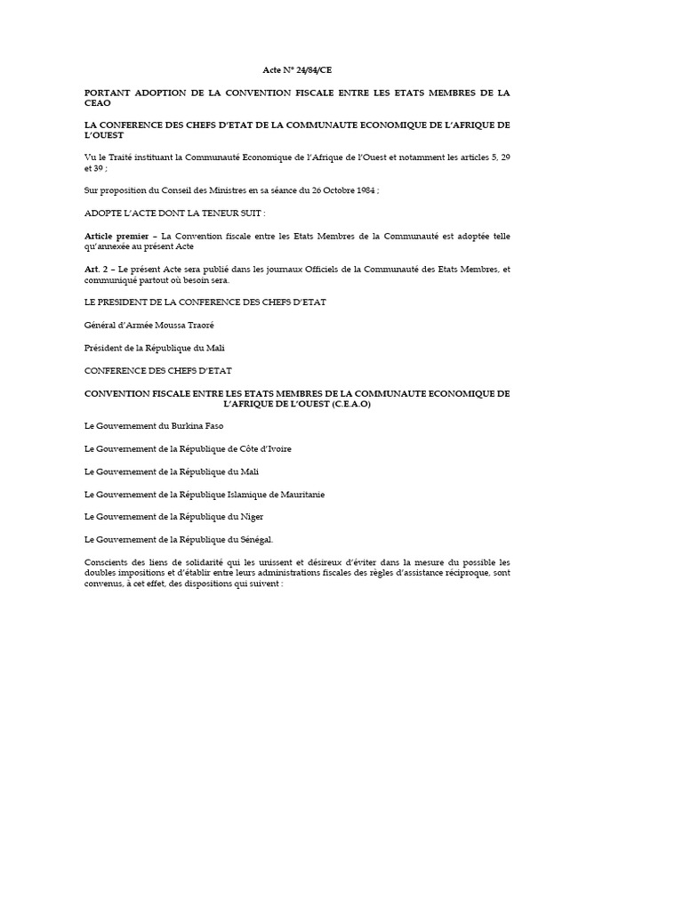 Convention fiscale CEAO : Éviter les doubles impositions | PDF | Impôt ...