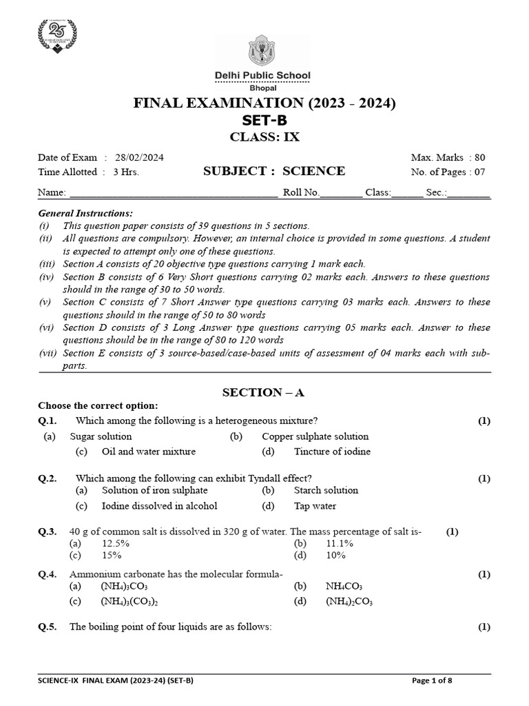 Science - Ix Final Exam (2023-24) (Set-B) | PDF | Chemical Substances ...