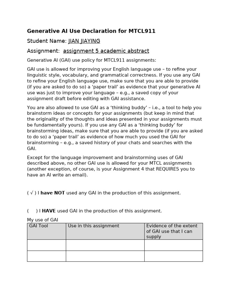 GAI Use Policy for MTCL911 Assignments | PDF