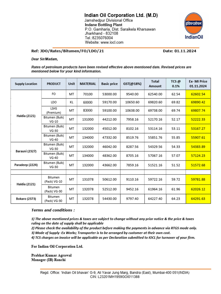 IOCL Bitumen Price List November 2024 | PDF | Taxes | Fossil Fuels