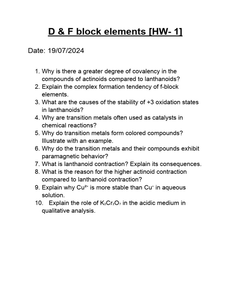 D and F Block Elements (HW - 1) | PDF