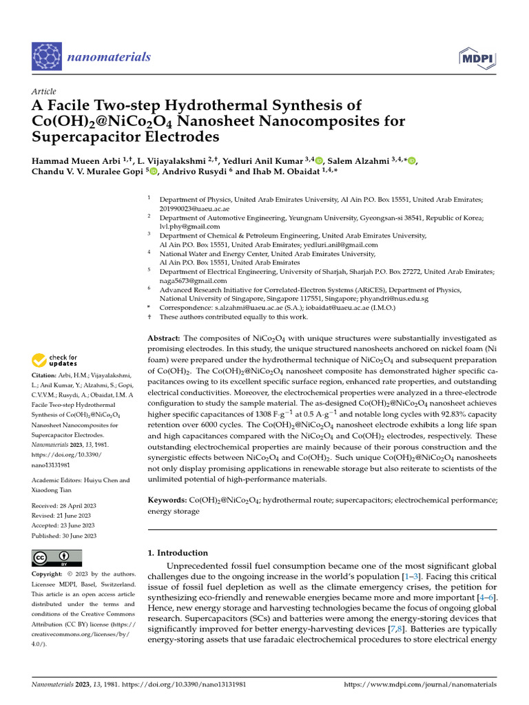 A Facile Two-Step Hydrothermal Synthesis of Co (OH) 2@NiCo2O4 Nanosheet ...