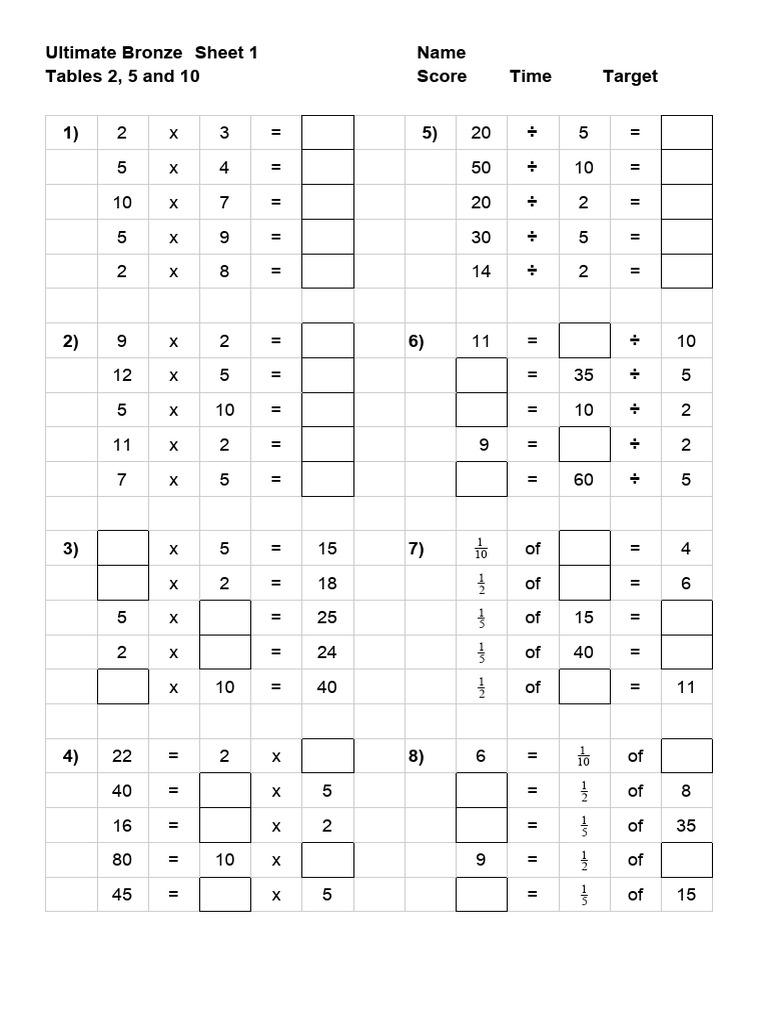 Math Practice: Tables 2, 5, 10 | PDF