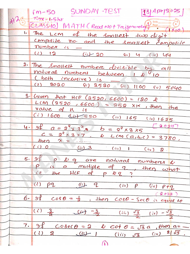 Class 10 Sunday Test CBSE MATH | PDF