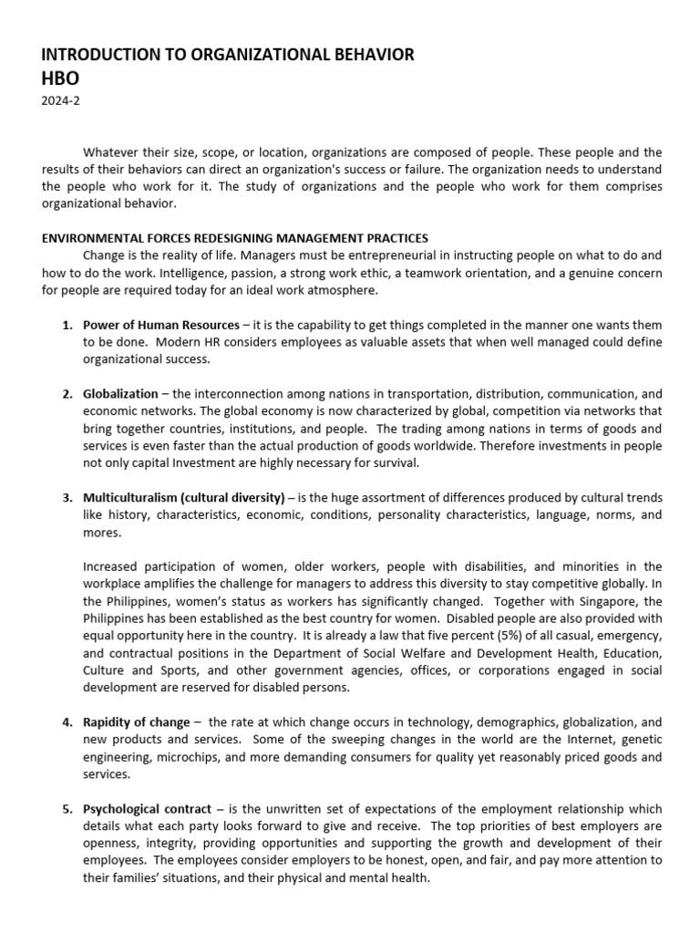 HBO: Introduction to Organizational Behavior | PDF | Organizational ...