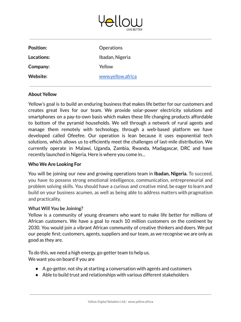 Yellow Job Scorecard - Operations - NG (Ibadan) | PDF