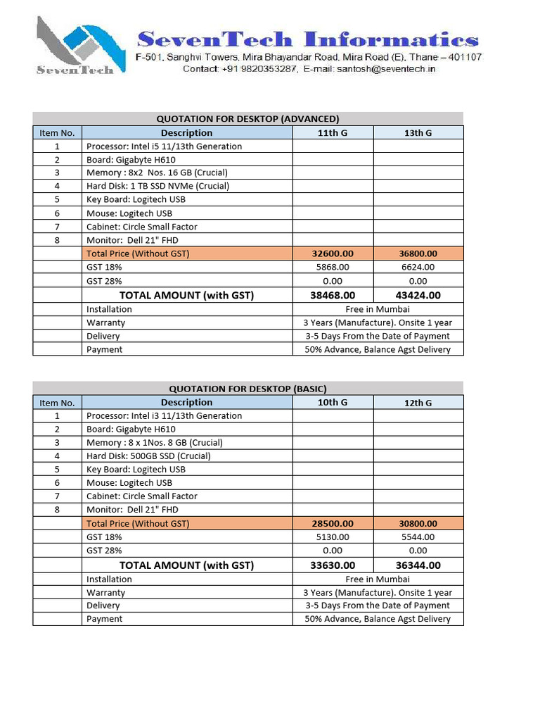 Desktop Quotation: Advanced & Basic Models | PDF