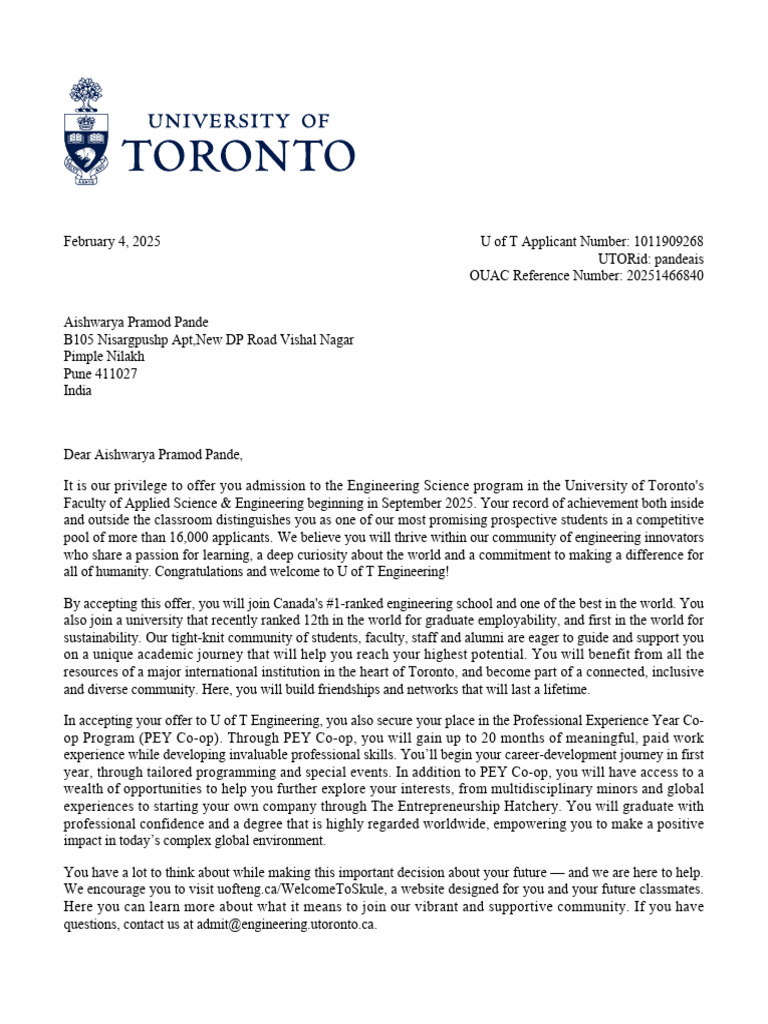 U of T Engineering Admission Offer | PDF | University And College ...