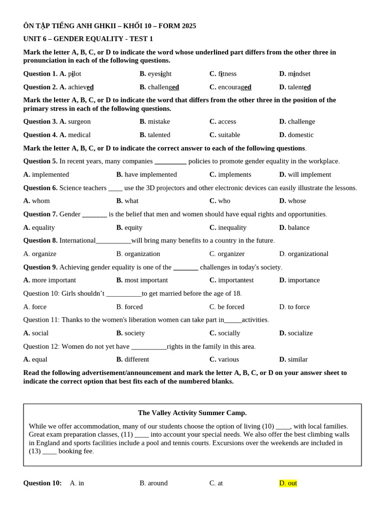Gender Equality Test for Grade 10 Students | PDF | Woman | Gender ...