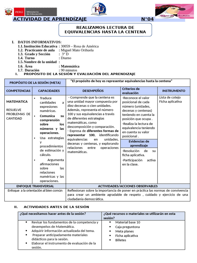 Sesion Matematica #4 Rosa de America | PDF | Matemáticas | Comunicación