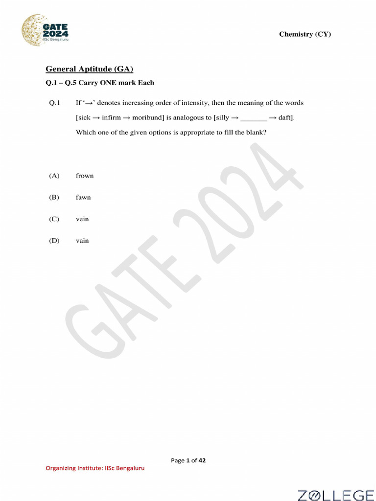 GATE 2024 Chemistry Question Paper Watermark Watermark | PDF