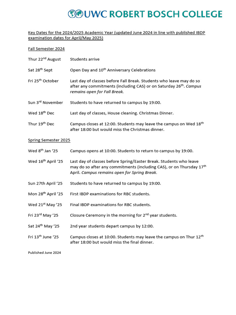 2024-2025 Academic Year Key Dates | PDF