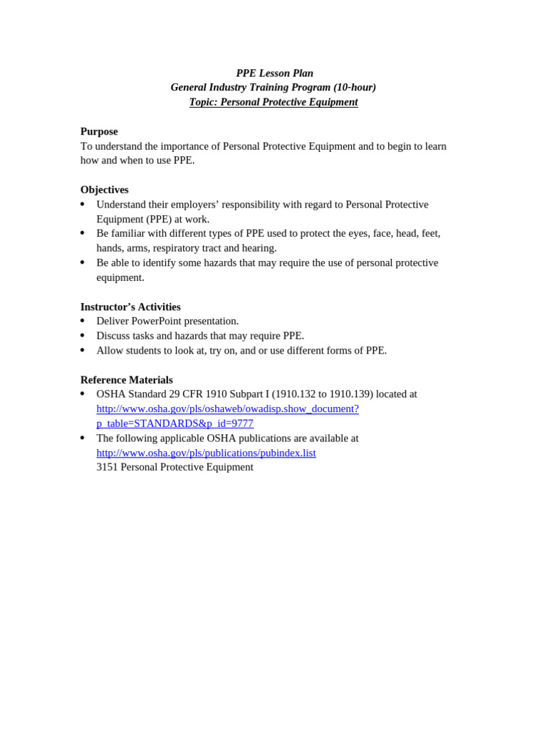 PPE Training Lesson Plan Guide | PDF