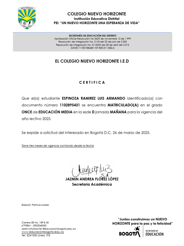 Certificado de Matricula 2025 - Colegio Nuevo Horizonte | PDF