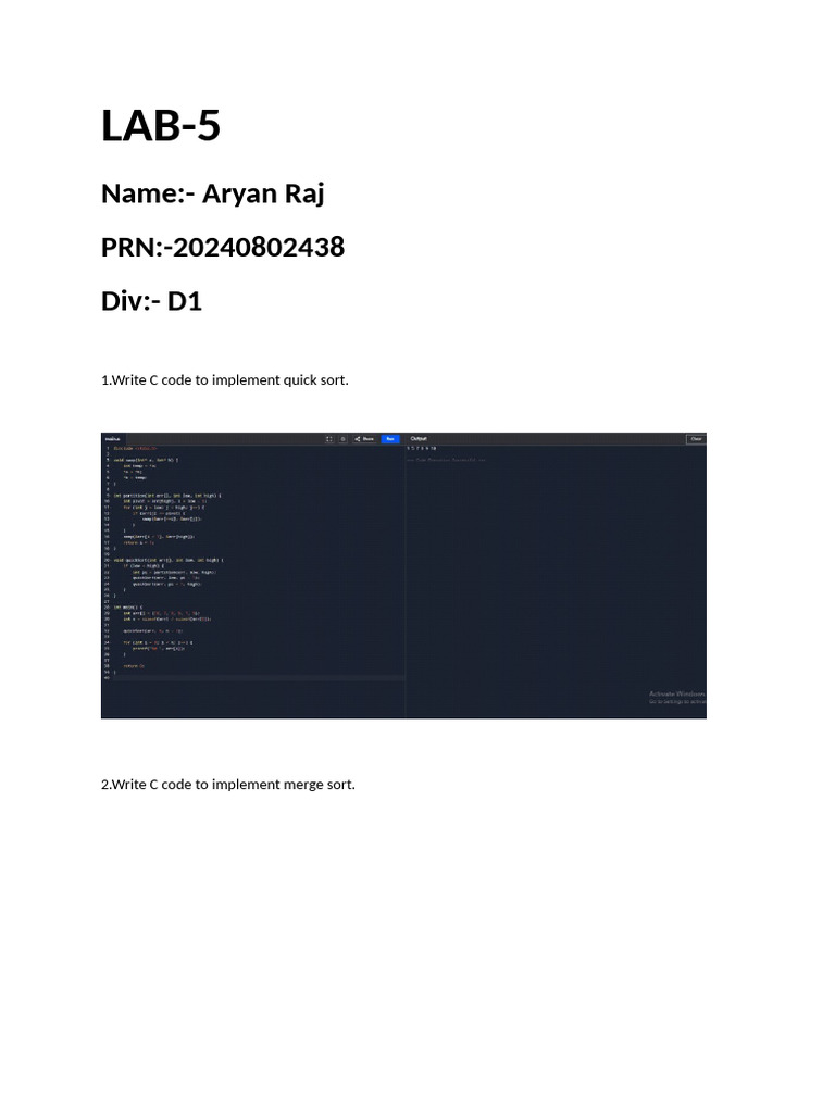 C Code for Quick and Merge Sort | PDF