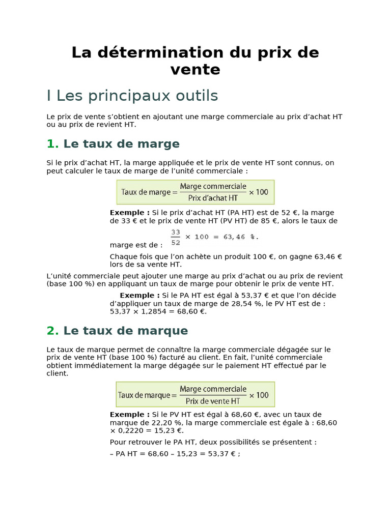 Calcul du prix de vente HT | PDF