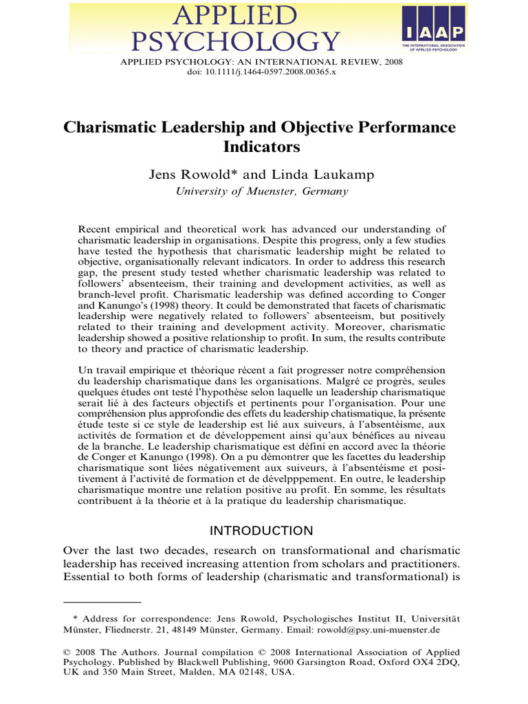 Charismatic Leadership and Objective Performance Indicators | PDF ...