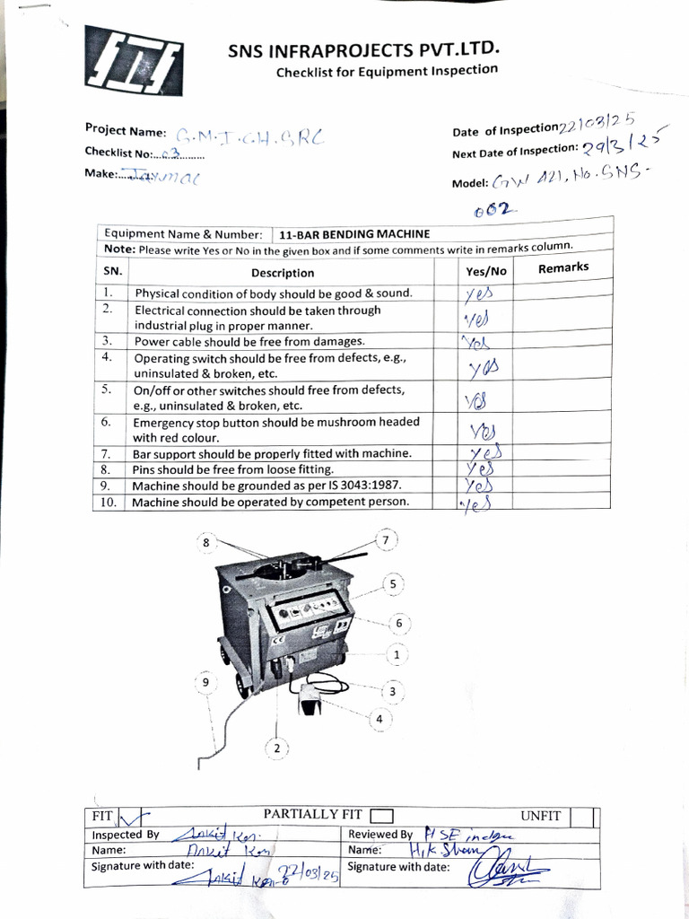 Bar Bending Machine Inspection Checklist | PDF | Electrical Connector ...