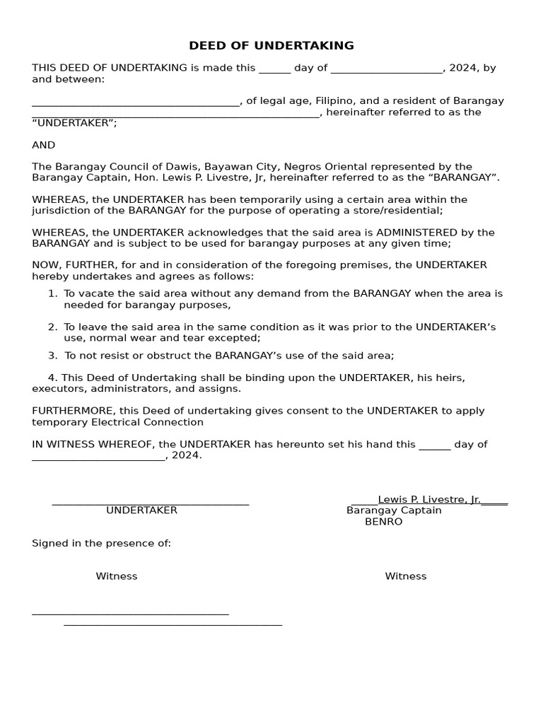 Deed of Undertaking for Barangay Use | PDF