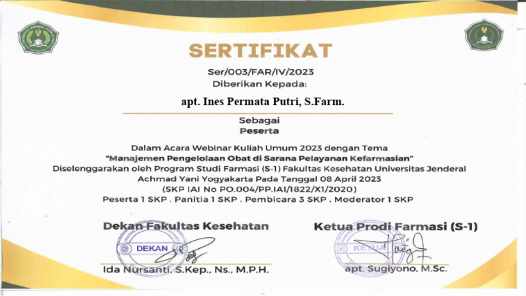 Apt. Ines Permata Putri, S.Farm. - Sertifikat Webinar Farmasi Unjaya | PDF