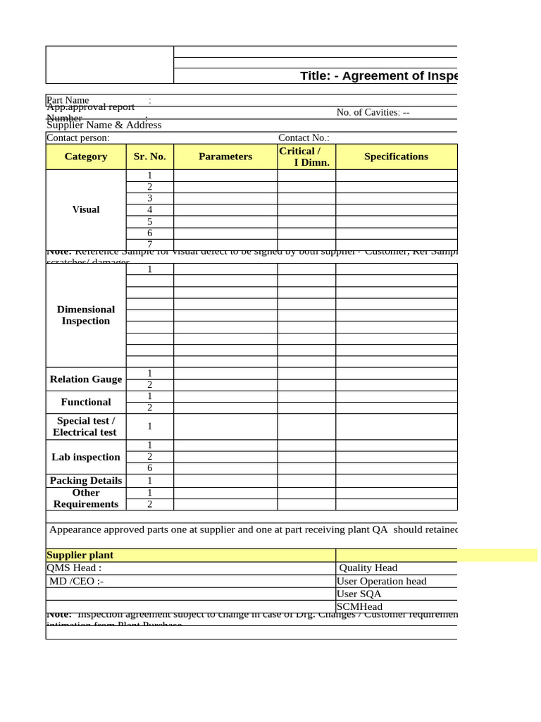 Inspection Agreement for Supplier Parts | PDF