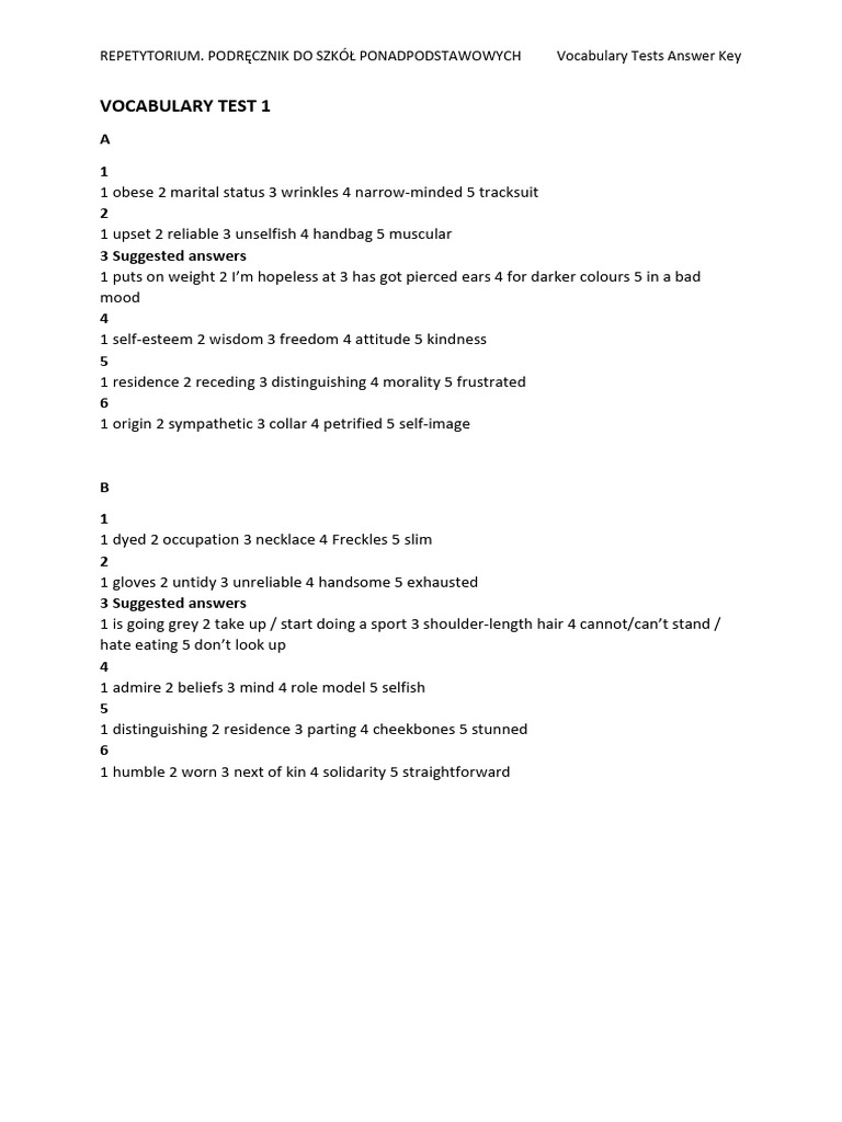 Vocabulary Test Answer Key | PDF