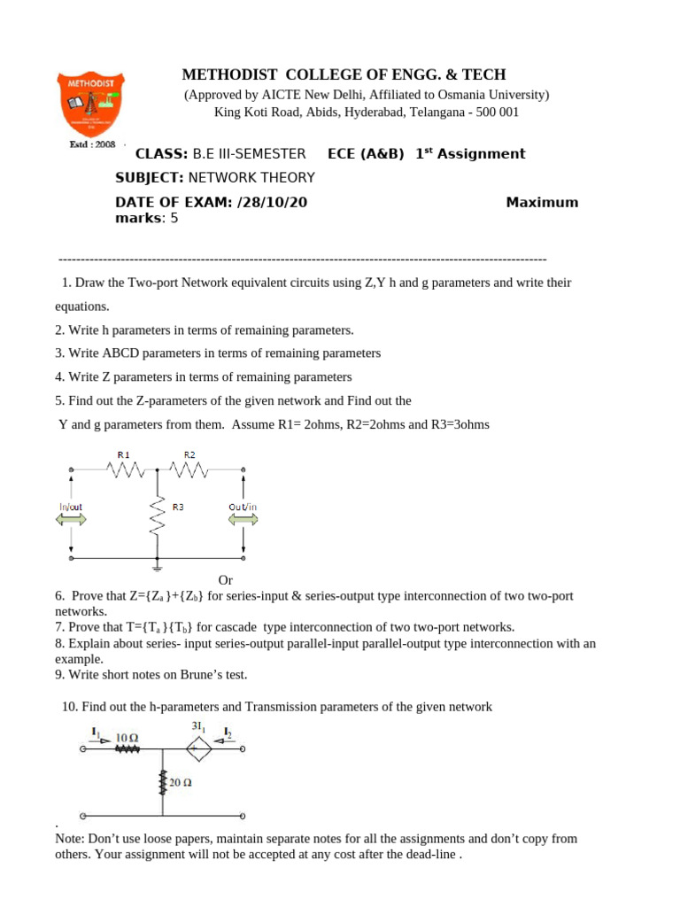 ECE III-Semester Network Theory Assignment | PDF