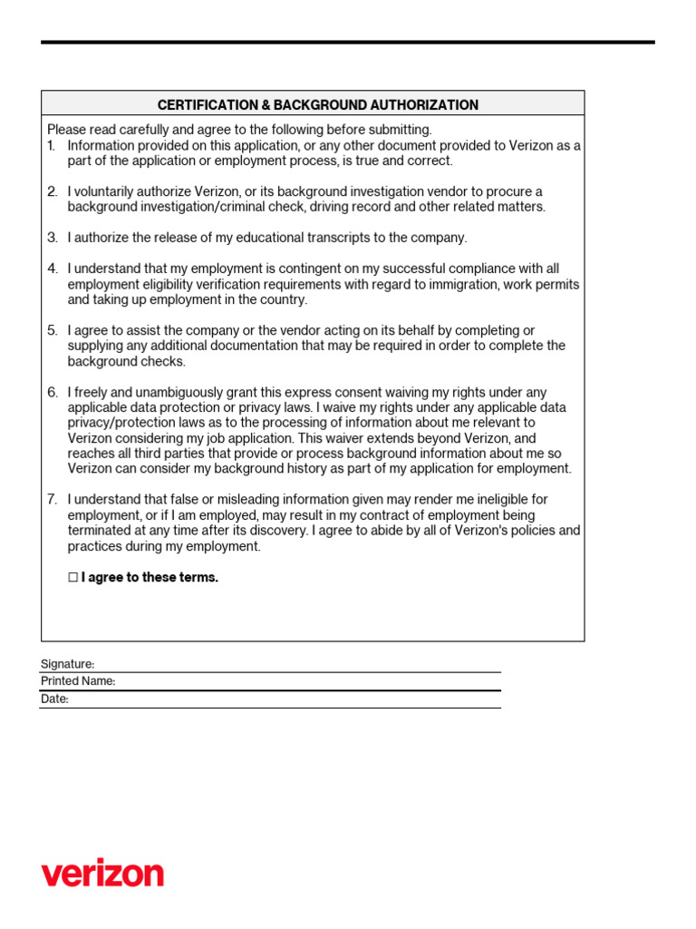 Verizon Employment Background Authorization | PDF