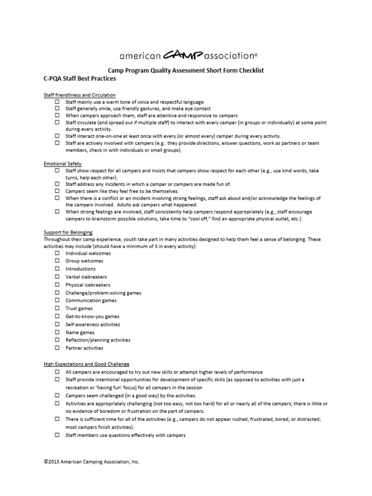 Camp Program Quality Assessment Checklist | PDF | Cognition | Communication