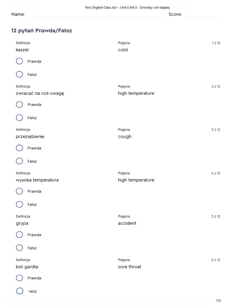 Test English Class A2 Unit 6 Przyklady | PDF