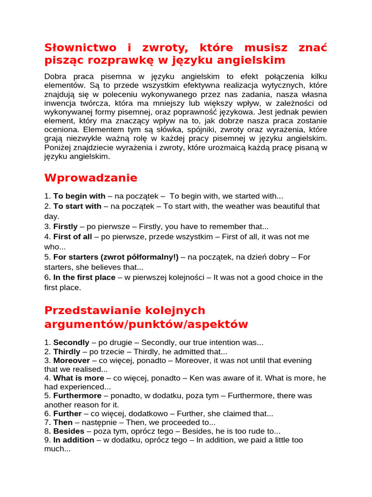 Słownictwo I Zwroty Przy Pisaniu Rozprawki | PDF