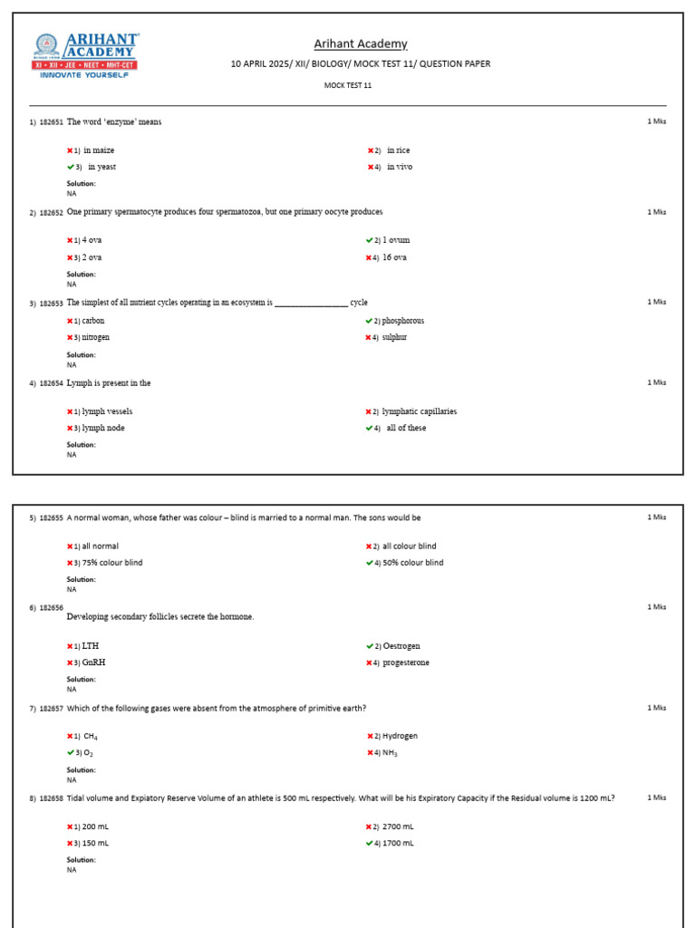 10 April 2025 - Xii - Biology - Mock Test 11 - Question Paper | PDF ...