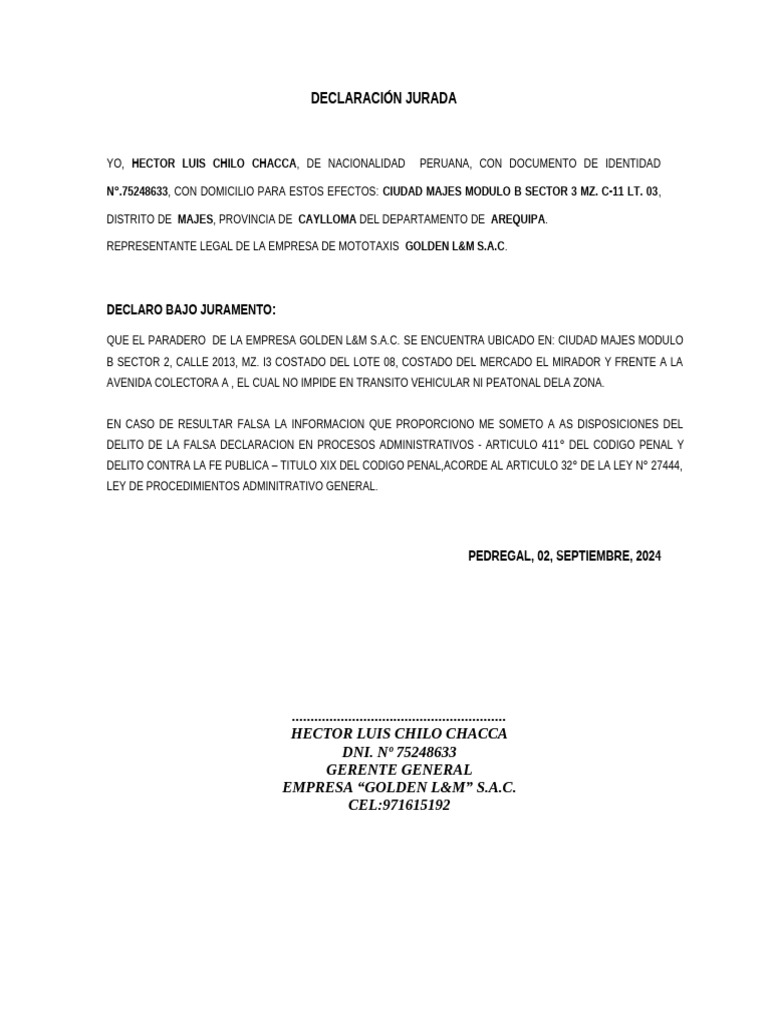 Declaración Jurada de Hector Chilo Chacca | PDF