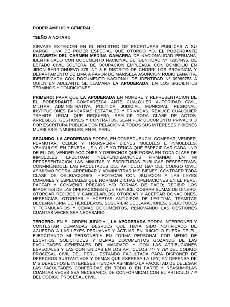 Poder Especial Notarial en Perú | PDF | Perú