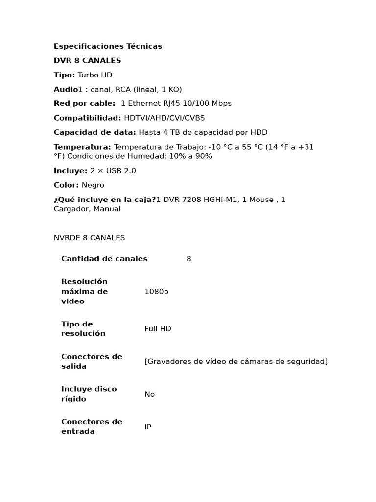 Especificaciones de DVR 8 Canales | PDF