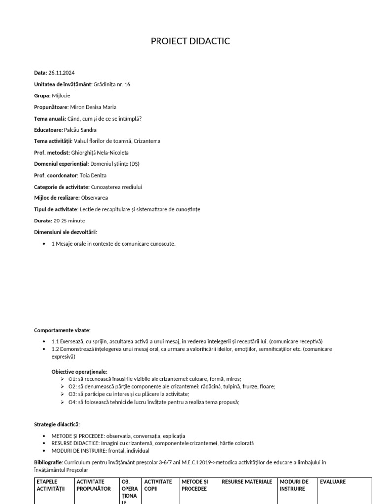 Proiect Didactic Miron Denisa Maria | PDF