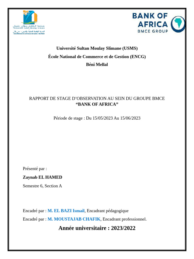 Rapport de Stage à BMCE Bank of Africa | PDF | Chèque | Banques