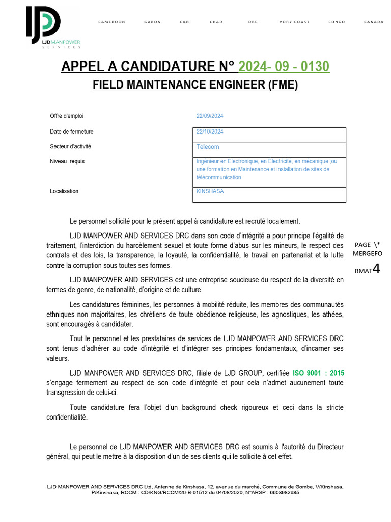 Offre d'emploi : Ingénieur Maintenance FME | PDF | Informatique ...