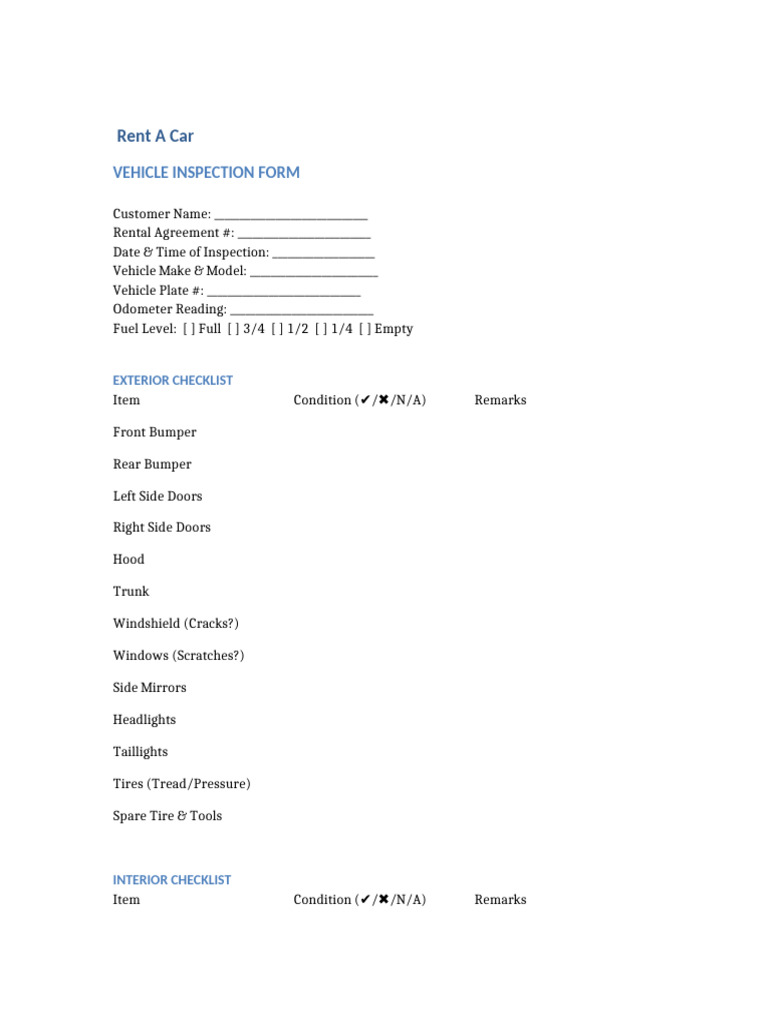 Rental Vehicle Inspection Checklist | PDF