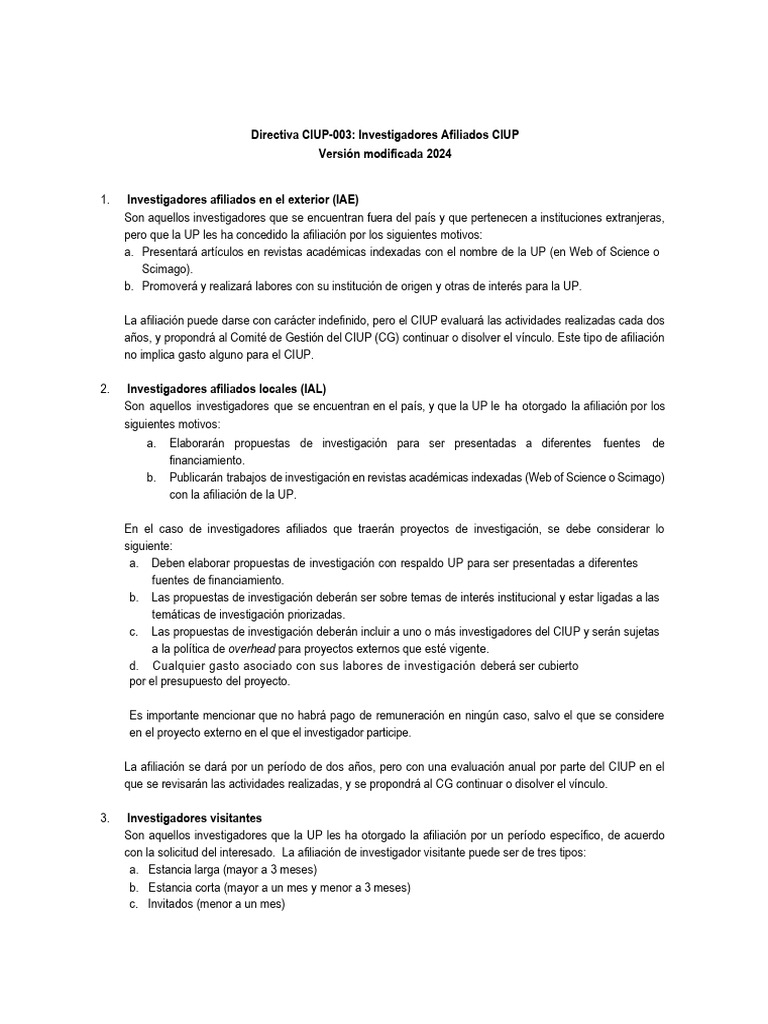 Afiliación de Investigadores CIUP 2024 | PDF