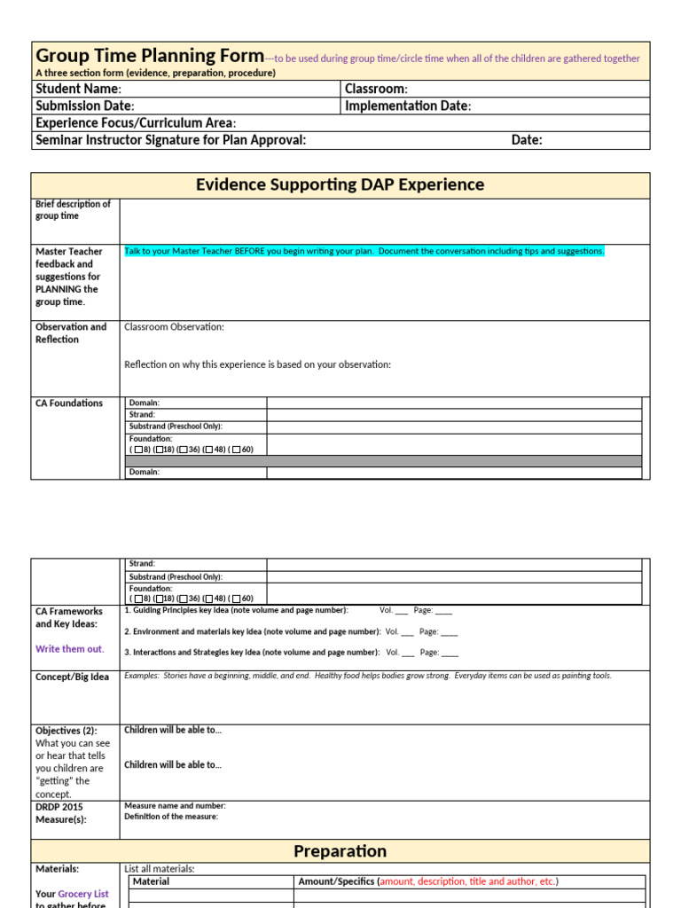 Group Time Planning Form Template | PDF | Vocabulary | Learning